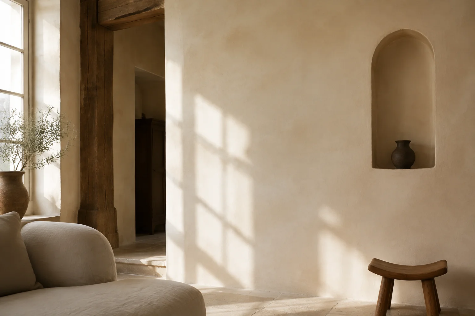 After: the same room with smooth cream plaster and a carefully finished alcove